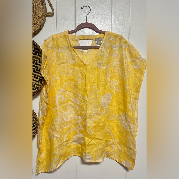 Chico's Top Poncho Blouse Linen Yellow Floral V-Neck Short Sleeve Oversized S/M - Picture 1 of 7
